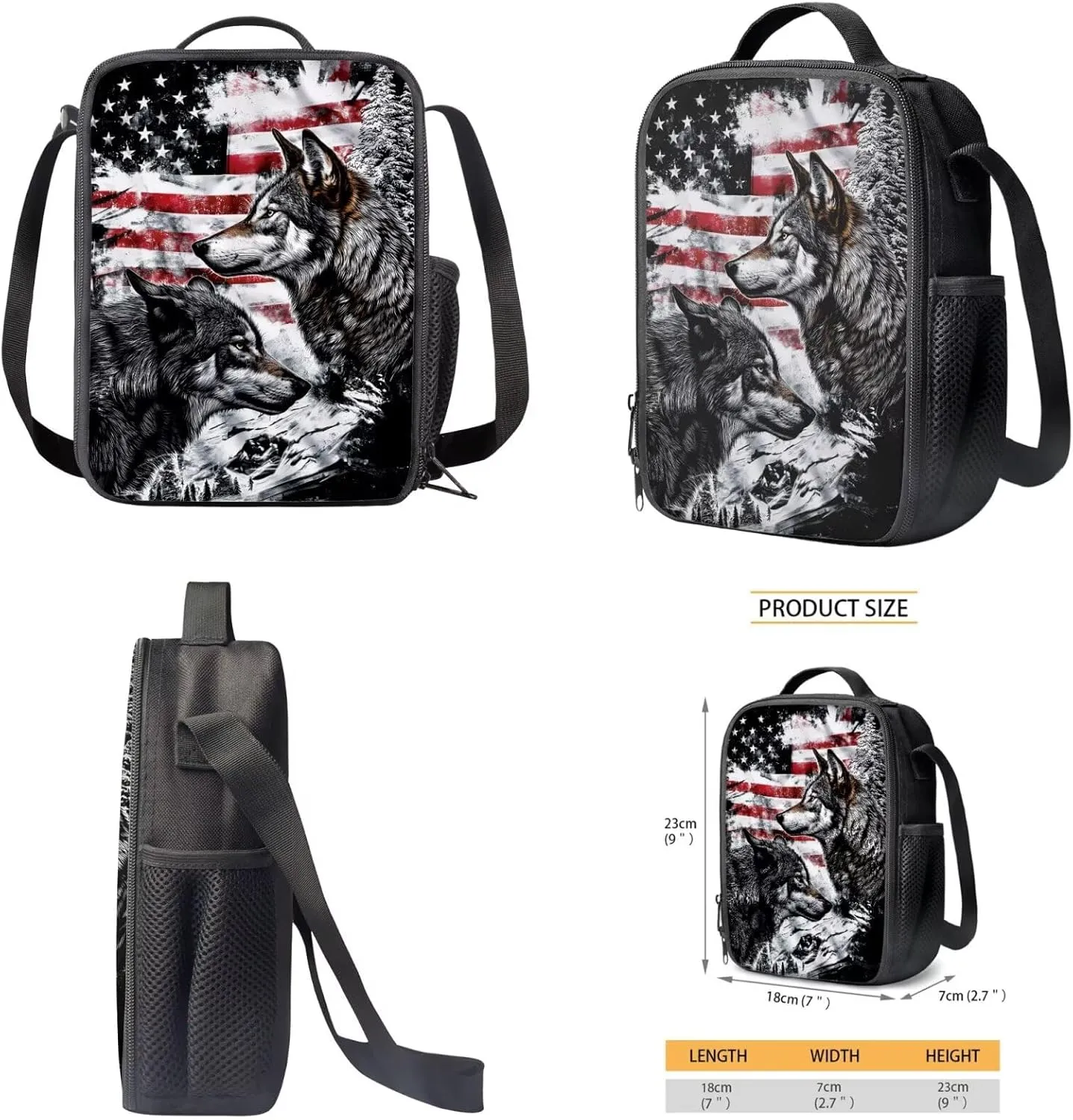 FOR U DESIGNS American Flag Backpack for Boys Lightweight Large Capacity Wolf Bookbag Middle School Cool 4 Pcs School Bag and Lunch Bag Set 3rd Grade Mochilas Para Niños
