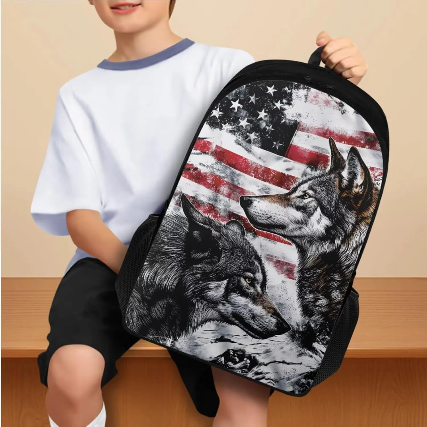 FOR U DESIGNS American Flag Backpack for Boys Lightweight Large Capacity Wolf Bookbag Middle School Cool 4 Pcs School Bag and Lunch Bag Set 3rd Grade Mochilas Para Niños