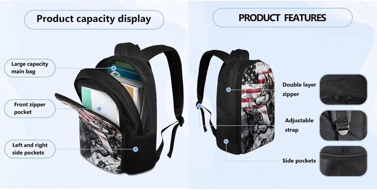 FOR U DESIGNS American Flag Backpack for Boys Lightweight Large Capacity Wolf Bookbag Middle School Cool 4 Pcs School Bag and Lunch Bag Set 3rd Grade Mochilas Para Niños