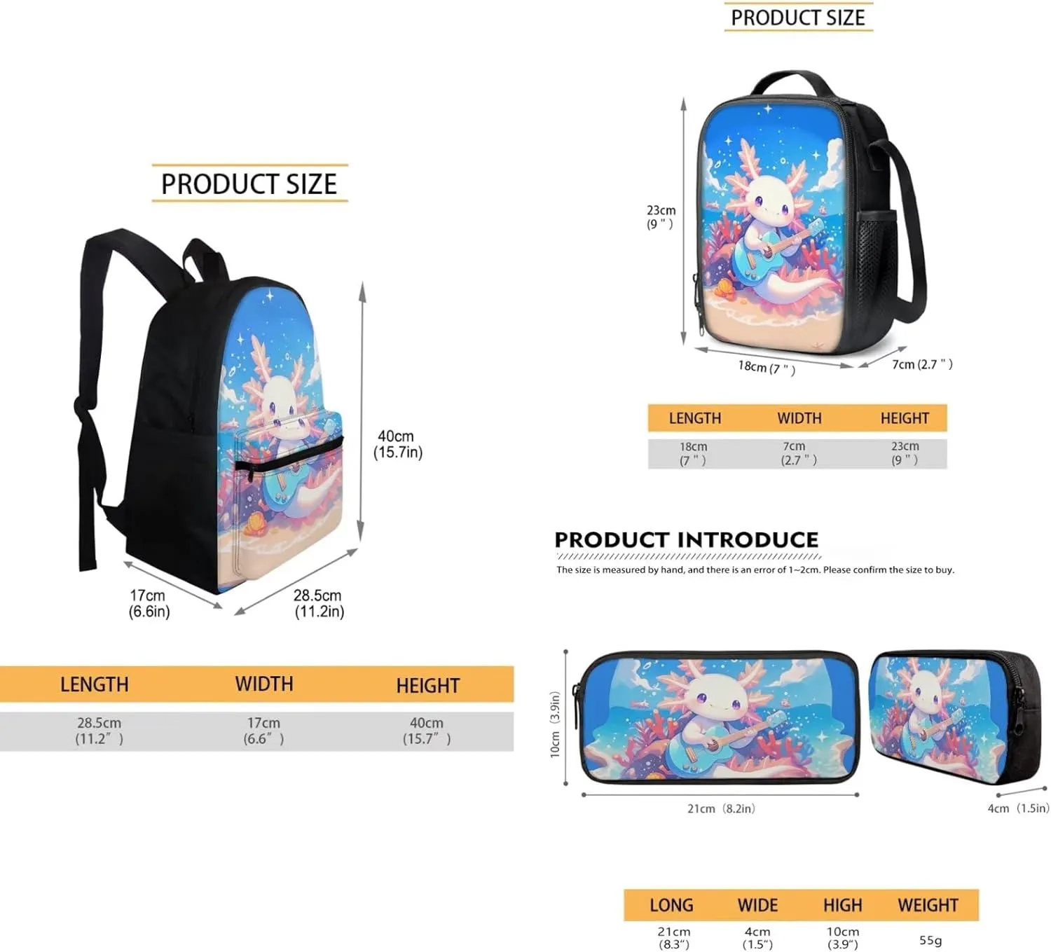 FOR U DESIGNS Axolotl Backpack for Girls Lightweight Bookbag and Lunch Box Set Large Capacity School Bag 2nd Grade Kindergarten Book Bag 3 in 1 Travel Daypack