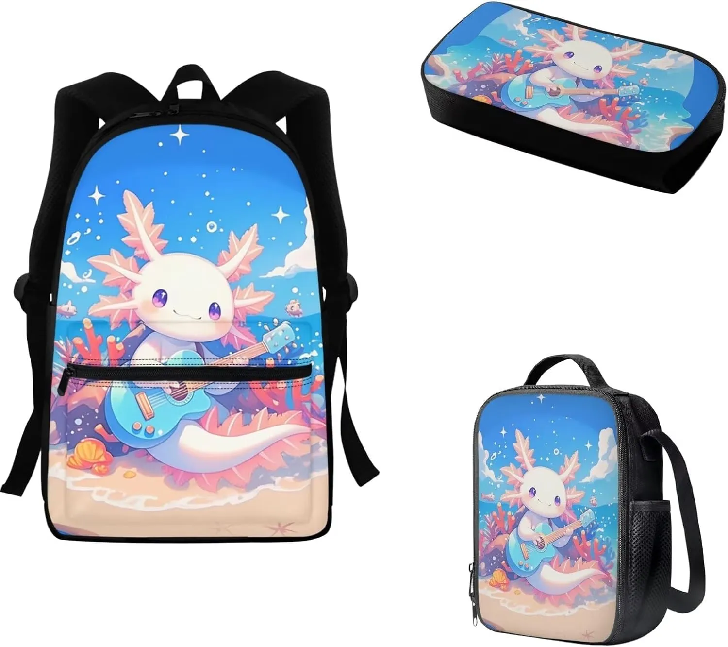 FOR U DESIGNS Axolotl Backpack for Girls Lightweight Bookbag and Lunch Box Set Large Capacity School Bag 2nd Grade Kindergarten Book Bag 3 in 1 Travel Daypack