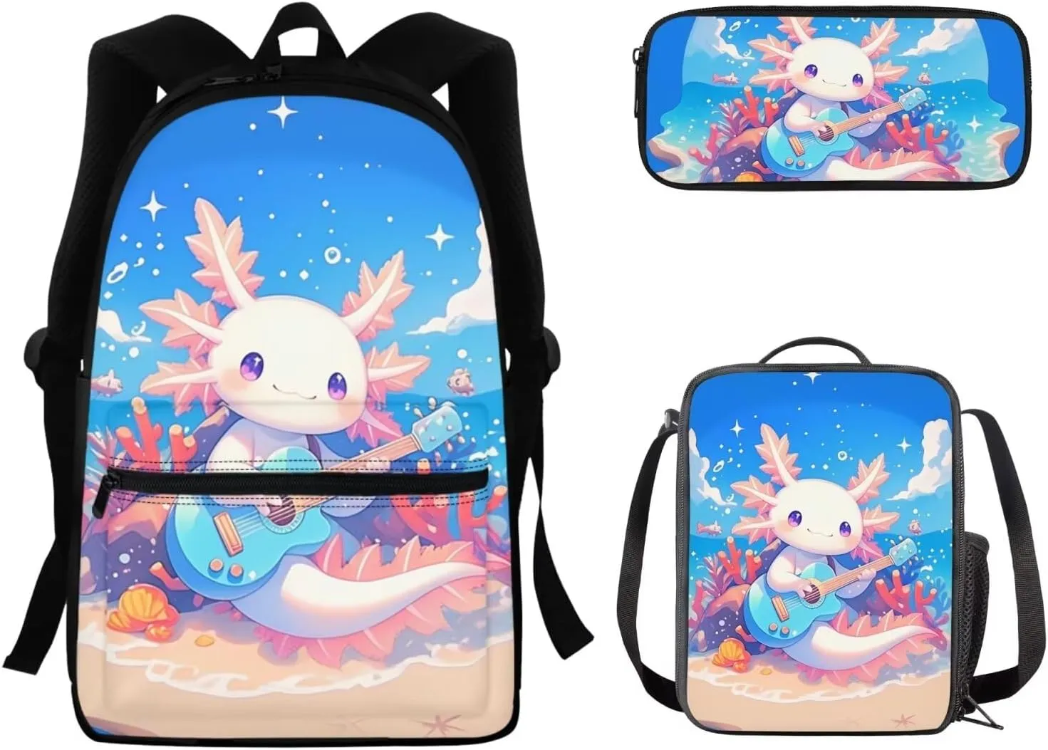 FOR U DESIGNS Axolotl Backpack for Girls Lightweight Bookbag and Lunch Box Set Large Capacity School Bag 2nd Grade Kindergarten Book Bag 3 in 1 Travel Daypack