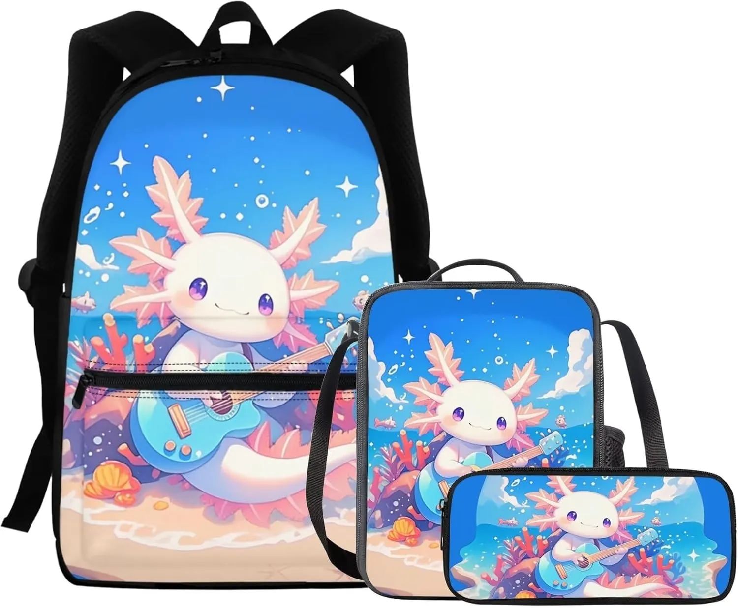 FOR U DESIGNS Axolotl Backpack for Girls Lightweight Bookbag and Lunch Box Set Large Capacity School Bag 2nd Grade Kindergarten Book Bag 3 in 1 Travel Daypack