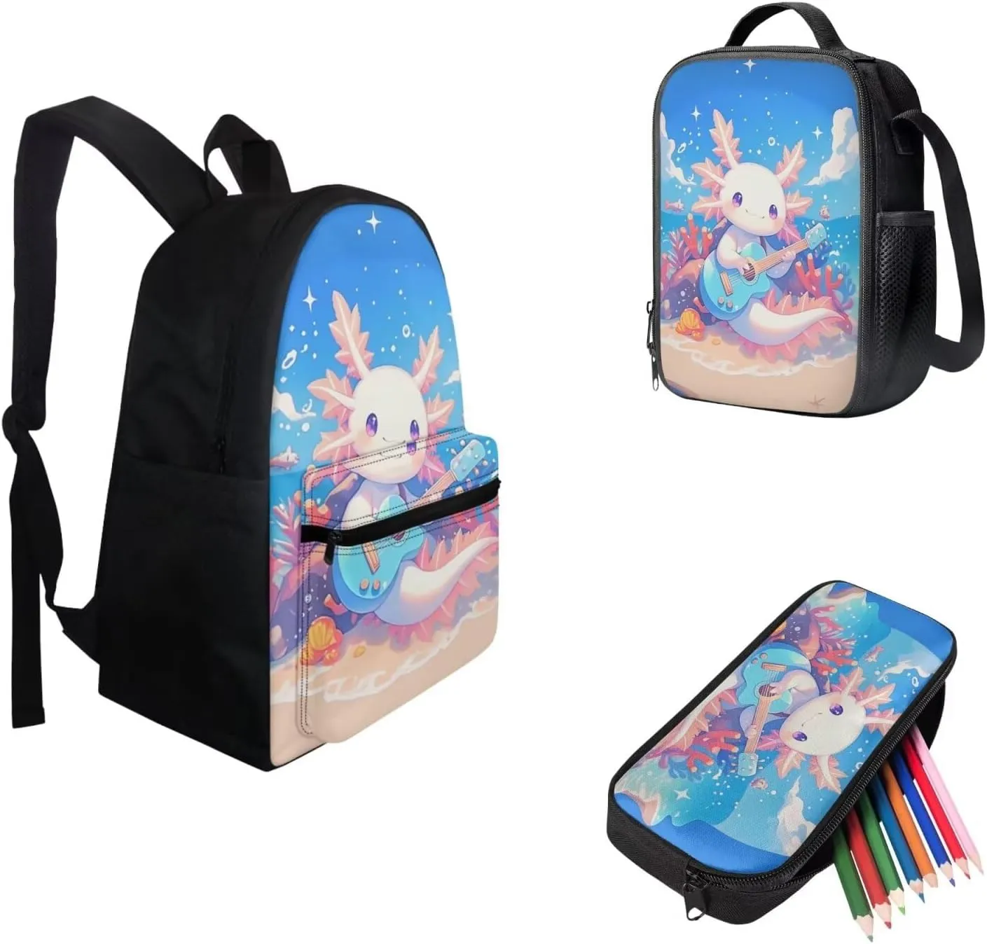 FOR U DESIGNS Axolotl Backpack for Girls Lightweight Bookbag and Lunch Box Set Large Capacity School Bag 2nd Grade Kindergarten Book Bag 3 in 1 Travel Daypack