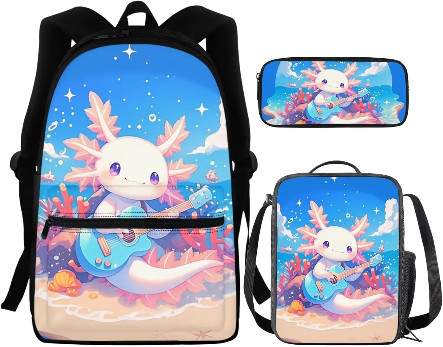 FOR U DESIGNS Axolotl Backpack for Girls Lightweight Bookbag and Lunch Box Set Large Capacity School Bag 2nd Grade Kindergarten Book Bag 3 in 1 Travel Daypack