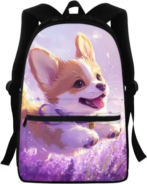 FOR U DESIGNS Kids Corgi Backpack for Girls Elementary Kindergarten Preschool School Bag Grade 1 Lightweight 15 Inch Bookbag Ages 6-8 Purple Travel Rucksack