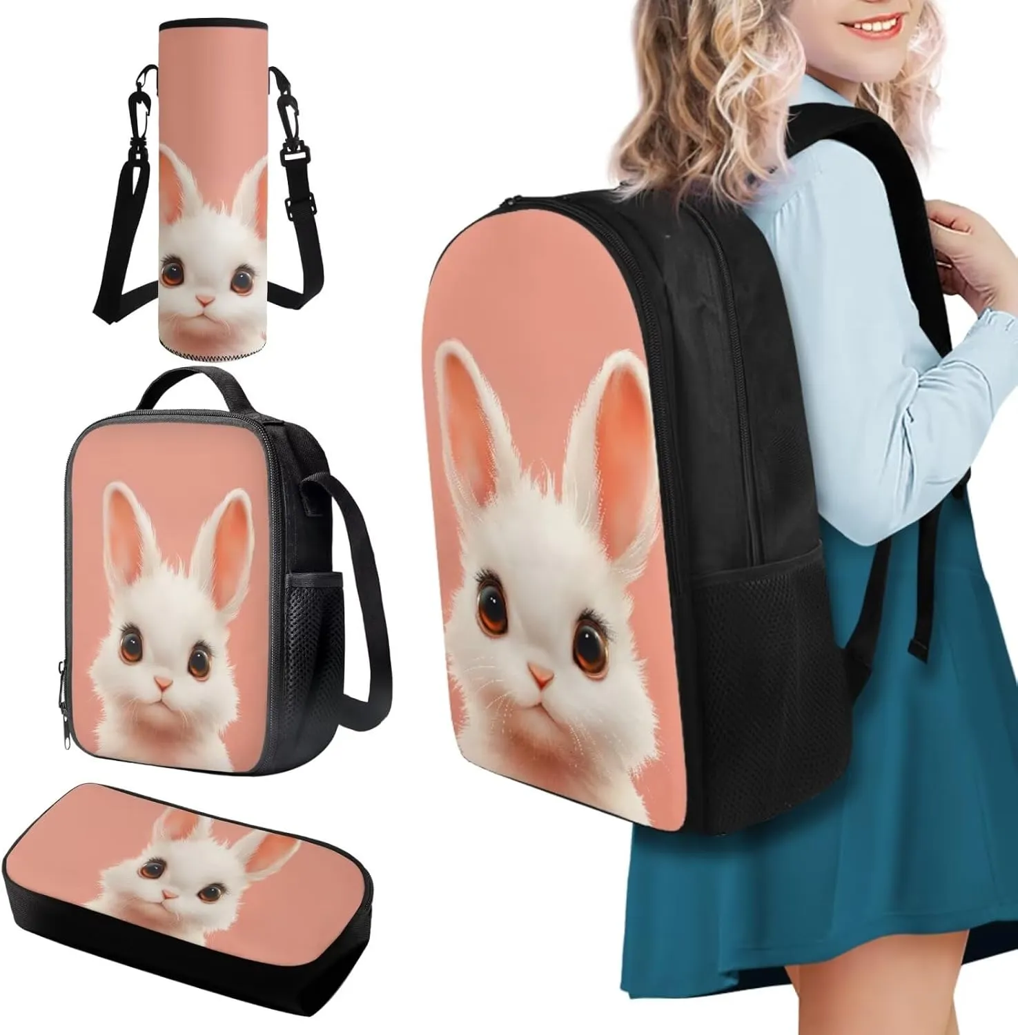 FOR U DESIGNS Kindergarten Backpack for Girls Bunny Book Bag Kawaii Bookbag Ages 6-8 Lunchbox Large Capacity School Bag with Water Bottle Holder 4 Piece