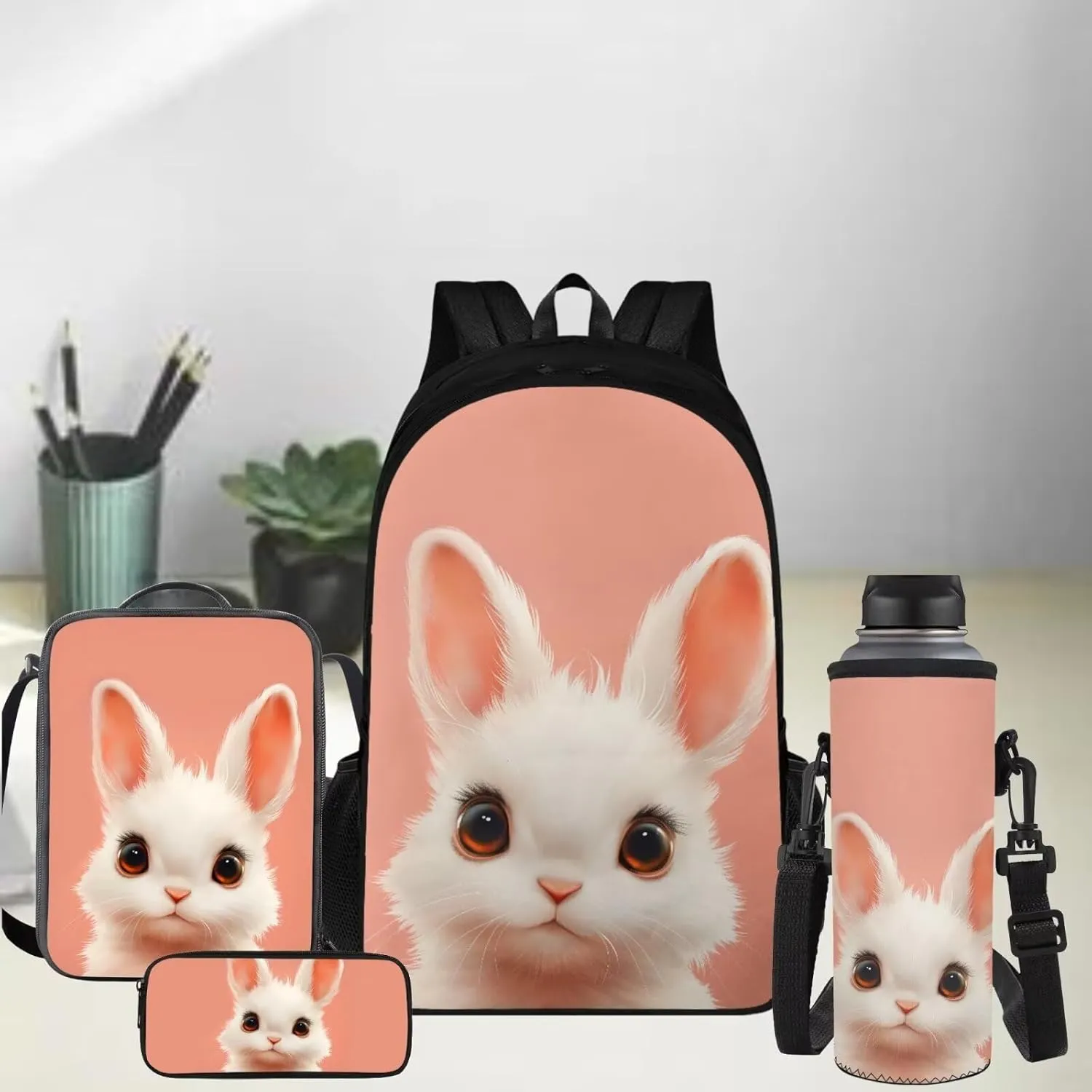FOR U DESIGNS Kindergarten Backpack for Girls Bunny Book Bag Kawaii Bookbag Ages 6-8 Lunchbox Large Capacity School Bag with Water Bottle Holder 4 Piece