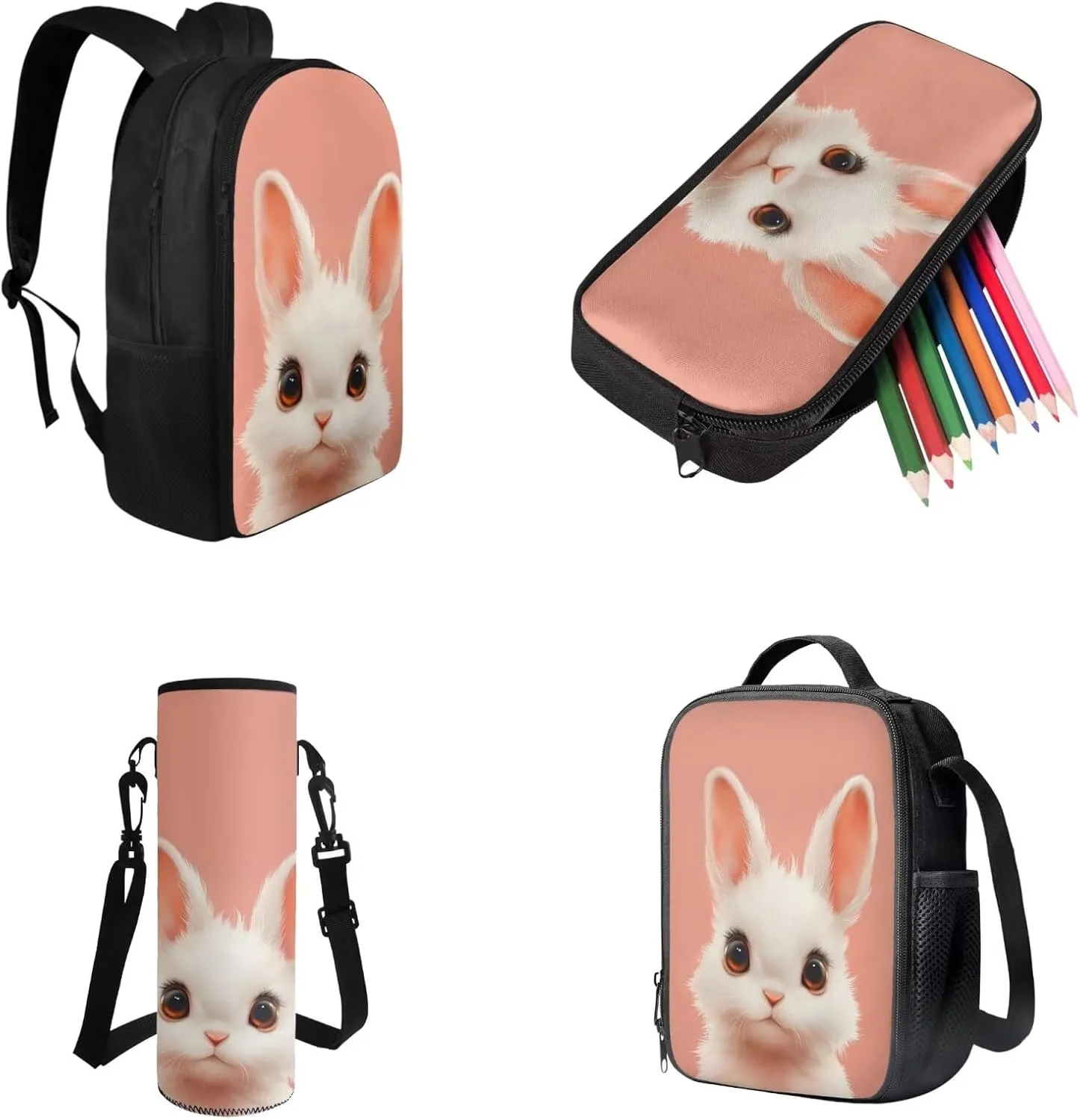 FOR U DESIGNS Kindergarten Backpack for Girls Bunny Book Bag Kawaii Bookbag Ages 6-8 Lunchbox Large Capacity School Bag with Water Bottle Holder 4 Piece