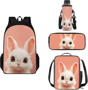 FOR U DESIGNS Kindergarten Backpack for Girls Bunny Book Bag Kawaii Bookbag Ages 6-8 Lunchbox Large Capacity School Bag with Water Bottle Holder 4 Piece