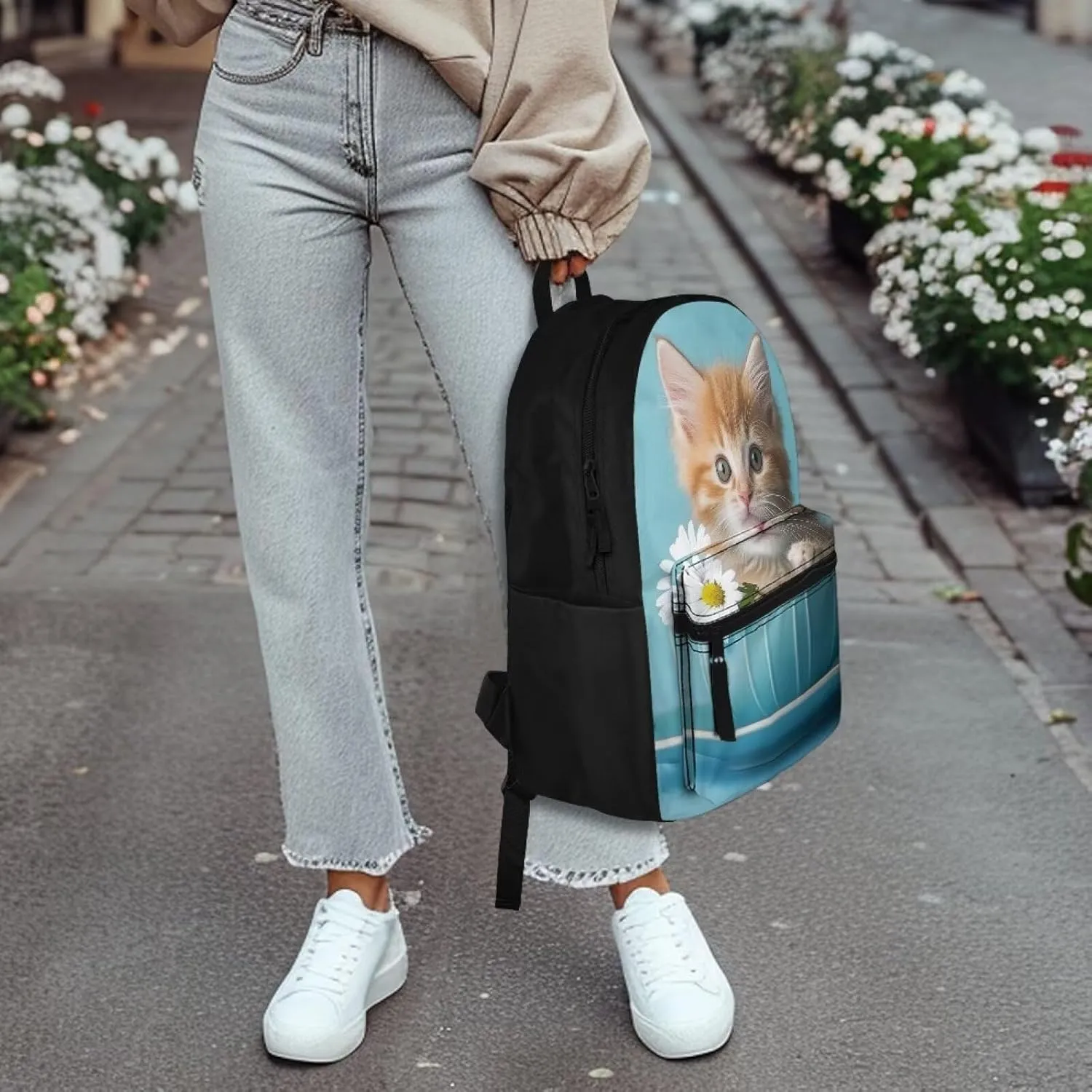 FOR U DESIGNS Kindergarten Backpacks 15 Inch Girl Bookbag Ages 6-8 Kawaii Cat Backpack for Kids Elementary Students Lightweight Floral School Bag Grade 1