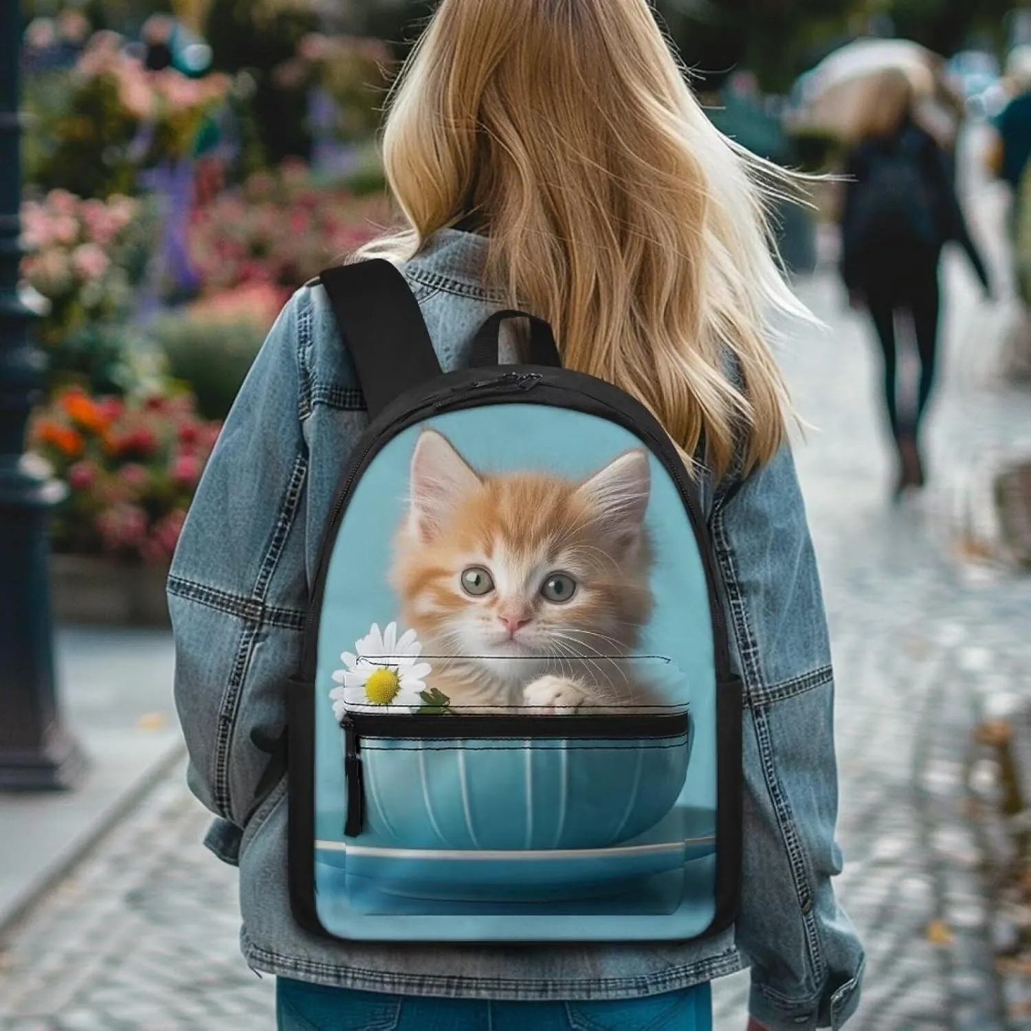 FOR U DESIGNS Kindergarten Backpacks 15 Inch Girl Bookbag Ages 6-8 Kawaii Cat Backpack for Kids Elementary Students Lightweight Floral School Bag Grade 1