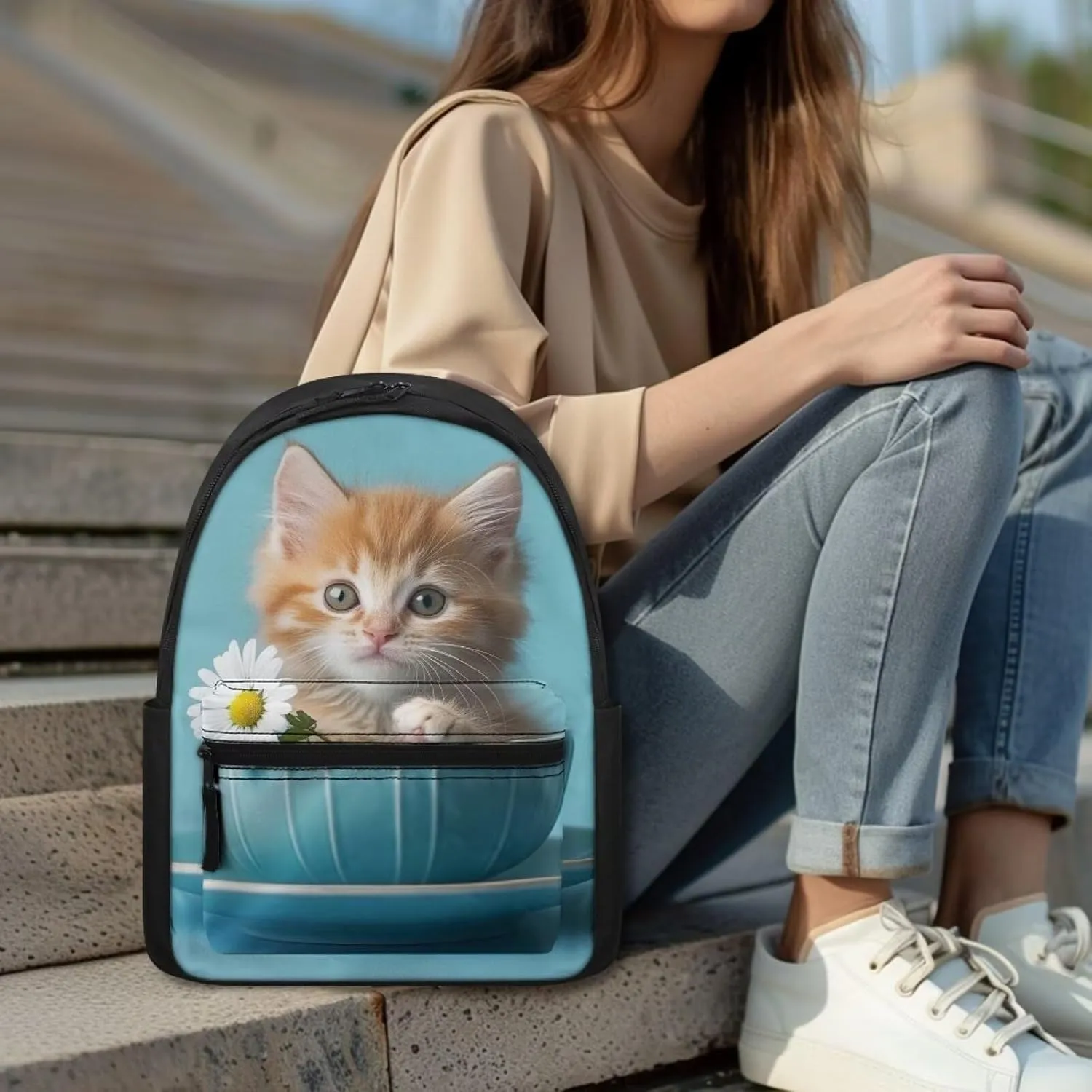 FOR U DESIGNS Kindergarten Backpacks 15 Inch Girl Bookbag Ages 6-8 Kawaii Cat Backpack for Kids Elementary Students Lightweight Floral School Bag Grade 1