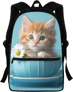 FOR U DESIGNS Kindergarten Backpacks 15 Inch Girl Bookbag Ages 6-8 Kawaii Cat Backpack for Kids Elementary Students Lightweight Floral School Bag Grade 1