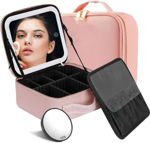 FOTN Travel Makeup Bag with LED Mirror, Travel Makeup Organizer with 3 Color Setting & 10X Magnifying Mirror, Rechargeable Lighted Makeup Case, Portable Adjustable Dividers Makeup Box (Pink)