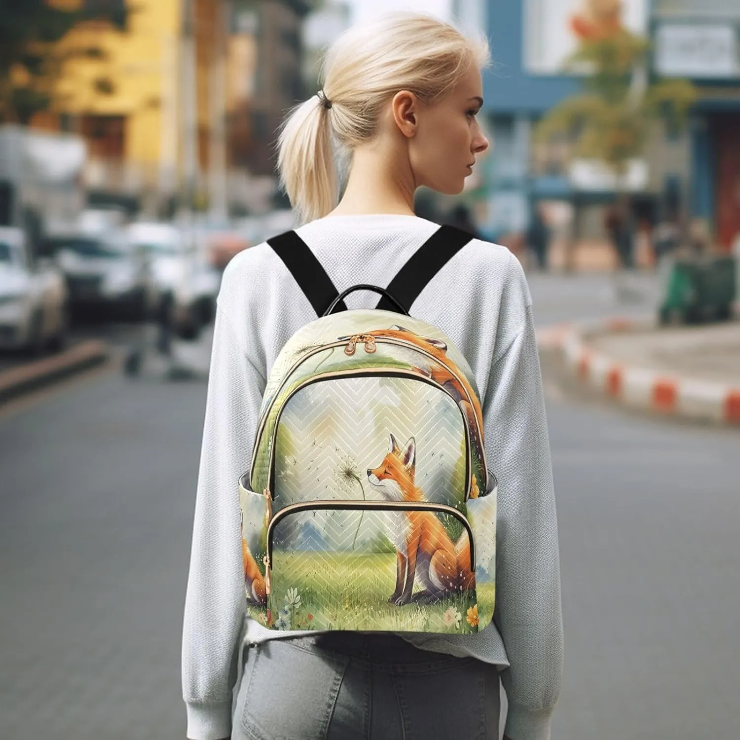 Fox Dandelion Meadow Green Backpack Purse for Women Design Handbags and Shoulder Bag with Anti-theft Back for Ladies Travel S