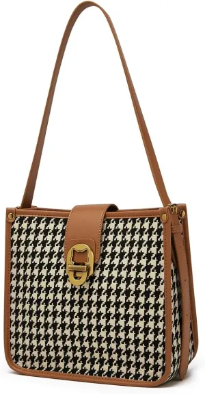 FOXLOVER Houndstooth Fabric Shoulder Bag for Women Top Handle Bucket Purse Casual Retro Portable Adjustable Straps