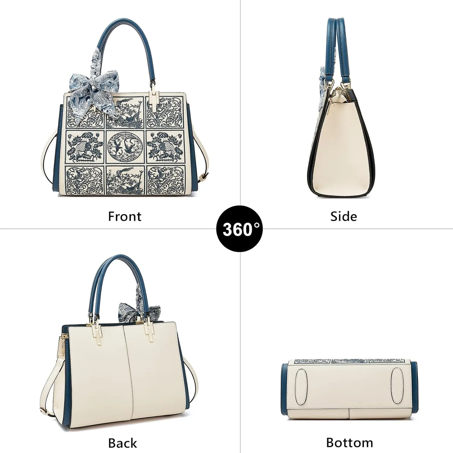 FOXLOVER Leather Satchel Handbags for Women Tote Shoulder Bag vintage Crossbody Bag Purse Top Handle bag with Embroidery