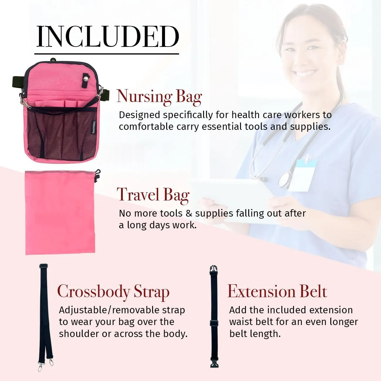 French KOKO Cute Nursing Fanny Pack with Medical Gear Pockets and BONUS Extension Strap Nurse Supplies Accessories Women Organizer Pouch Tool Belt Storage for Stethoscopes Supplies Pink