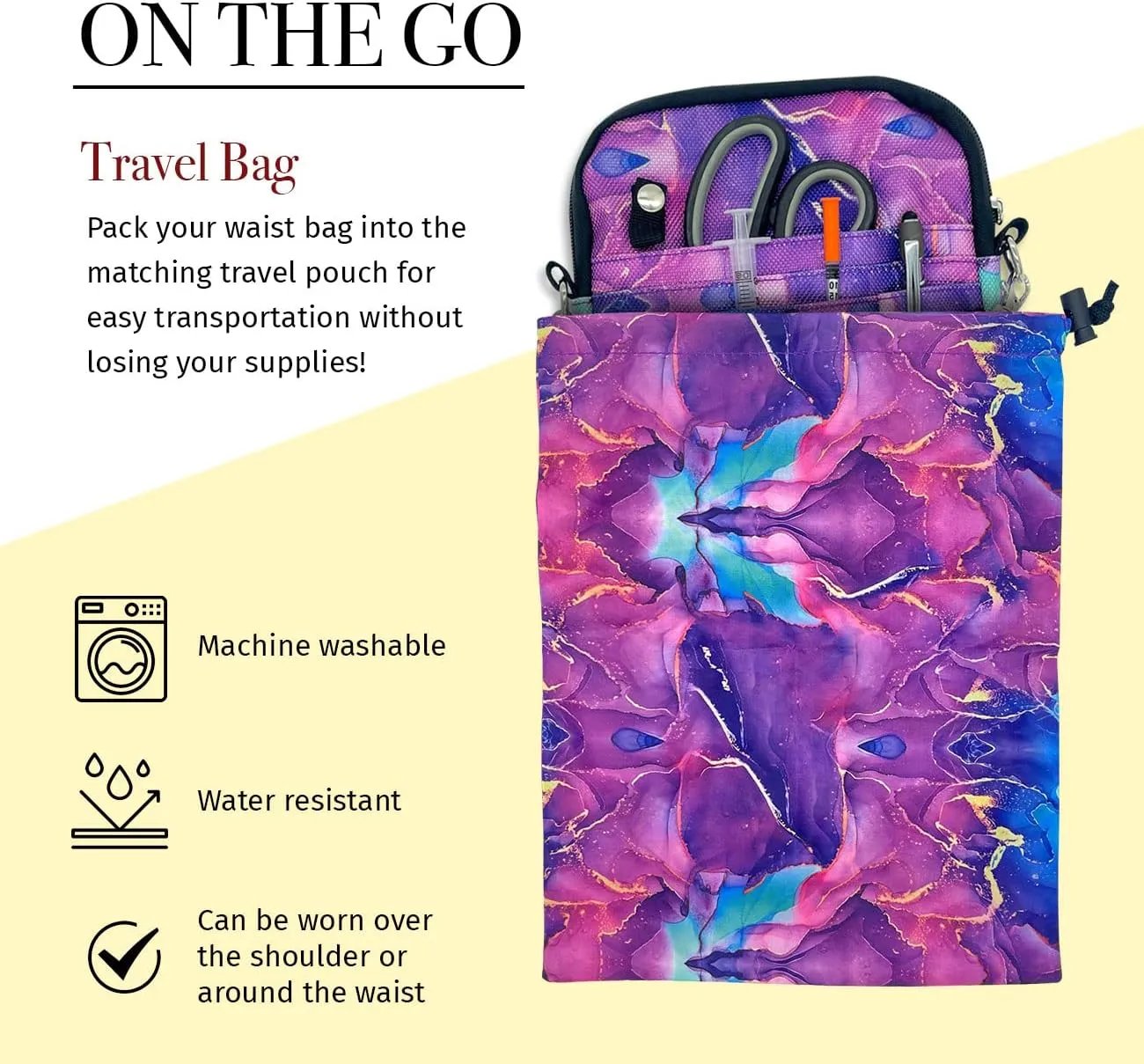 French KOKO Medical Nurse Fanny Pack with Travel Bag and BONUS Extension Strap Nursing Supplies Nurses Nursing Packs Women Organizer Pouch Tool Belt ICU Nicu Vet Tech Waist Bag Work Marble Purple