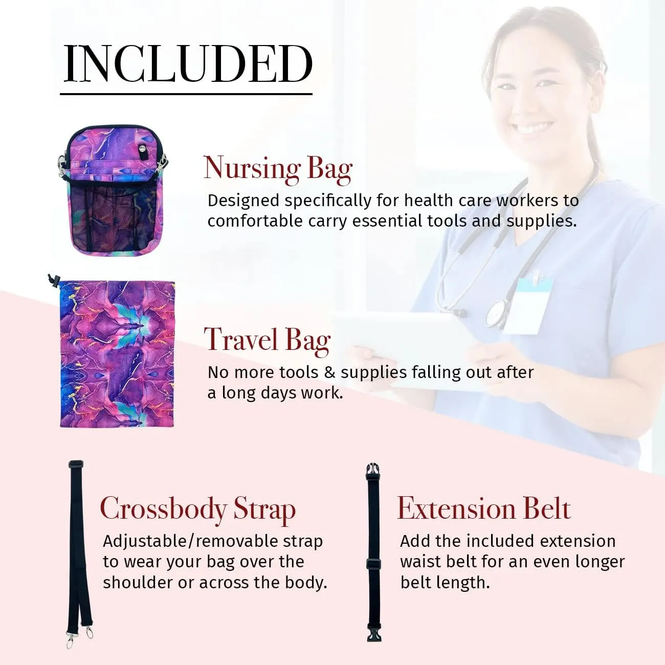 French KOKO Medical Nurse Fanny Pack with Travel Bag and BONUS Extension Strap Nursing Supplies Nurses Nursing Packs Women Organizer Pouch Tool Belt ICU Nicu Vet Tech Waist Bag Work Marble Purple