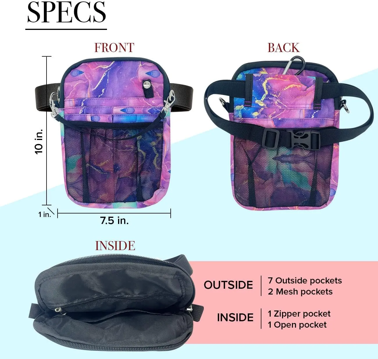 French KOKO Medical Nurse Fanny Pack with Travel Bag and BONUS Extension Strap Nursing Supplies Nurses Nursing Packs Women Organizer Pouch Tool Belt ICU Nicu Vet Tech Waist Bag Work Marble Purple