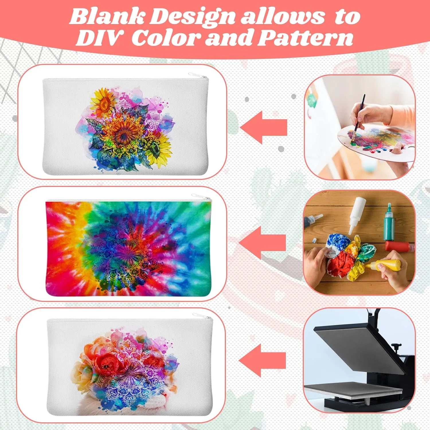 Frienda 50 Pcs Sublimation Blank Canvas Makeup Bags Bulk DIY Heat Transfer Canvas Pen Case Pencil Cosmetic Makeup Bags Clear Sublimation Blank Pouch with Zipper (7 x 4.3 Inch,White)