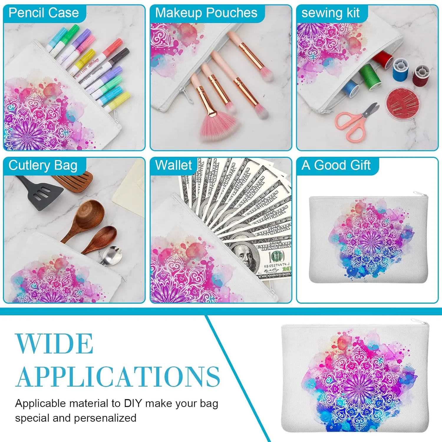 Frienda 50 Pcs Sublimation Blank Canvas Makeup Bags Bulk DIY Heat Transfer Canvas Pen Case Pencil Cosmetic Makeup Bags Clear Sublimation Blank Pouch with Zipper (7 x 4.3 Inch,White)