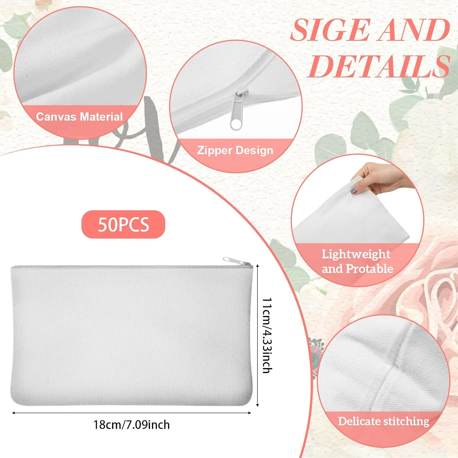 Frienda 50 Pcs Sublimation Blank Canvas Makeup Bags Bulk DIY Heat Transfer Canvas Pen Case Pencil Cosmetic Makeup Bags Clear Sublimation Blank Pouch with Zipper (7 x 4.3 Inch,White)