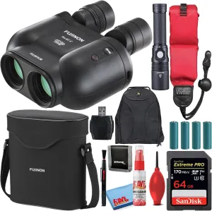 Fujifilm Fujinon 14x40 TSX1440 Techno-Stabi Image-Stabilized Binoculars (Black) (16668012) Bundle with SanDisk 64GB Extreme PRO SD Card   Flashlight   Backpack   Floating Strap   Cleaning Kit