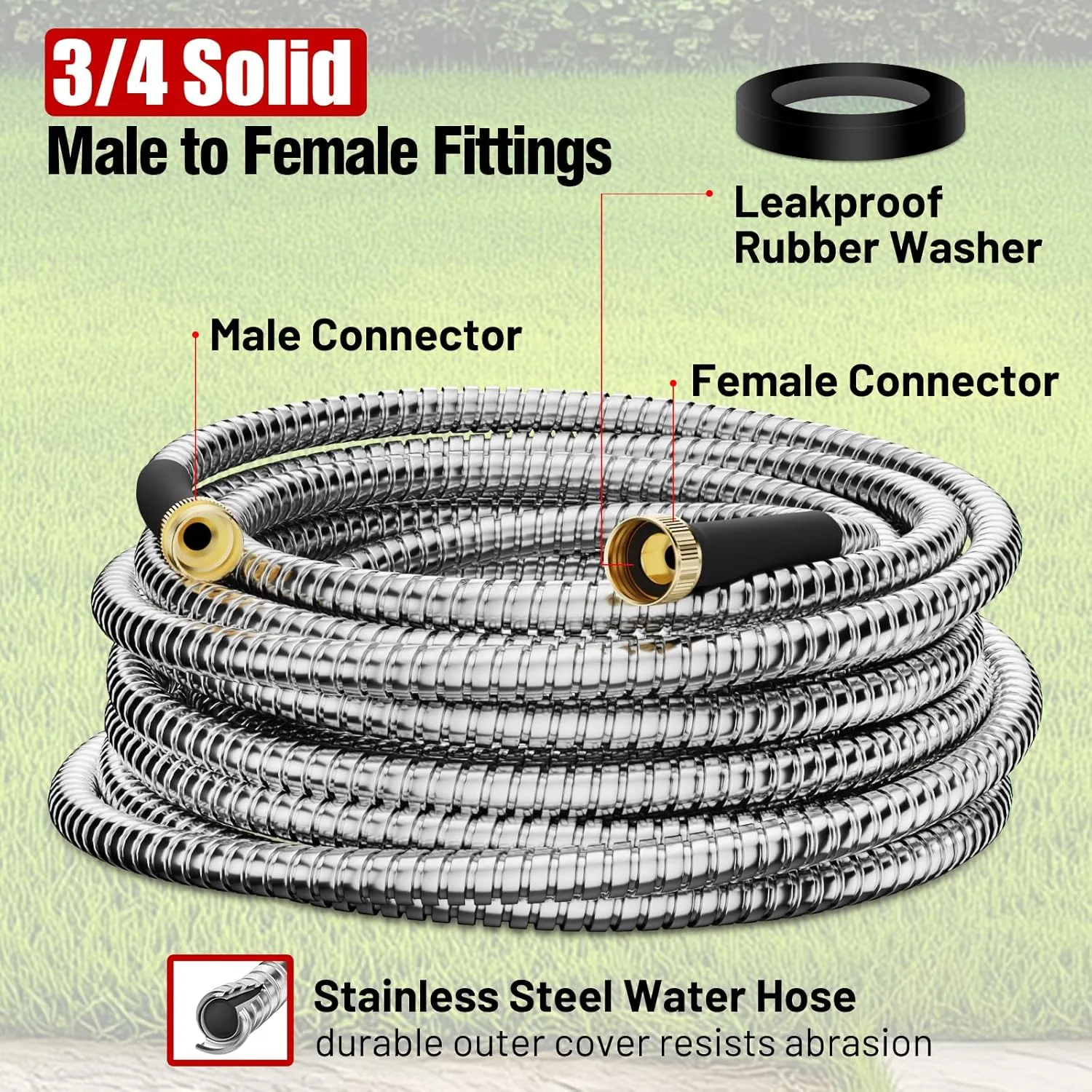 Garden Hose 50 ft, Stainless Steel Metal Water Hose 50 Feet with Nozzle, Flexible, Rust Proof, No-Kink, Heavy Duty, Leakproof 3/4 in Fittings, Lightweight Metal Hose, BT50S Model