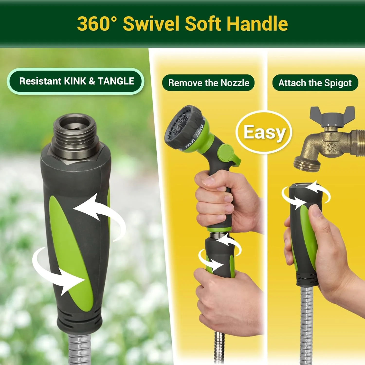 Garden Hose - Water Hose 50 FT with Swivel Handle & 8 Function Nozzle, Flexible, Heavy Duty, No Kink, Lightweight Metal Hose for Outdoor, Yard, 304 Stainless Steel