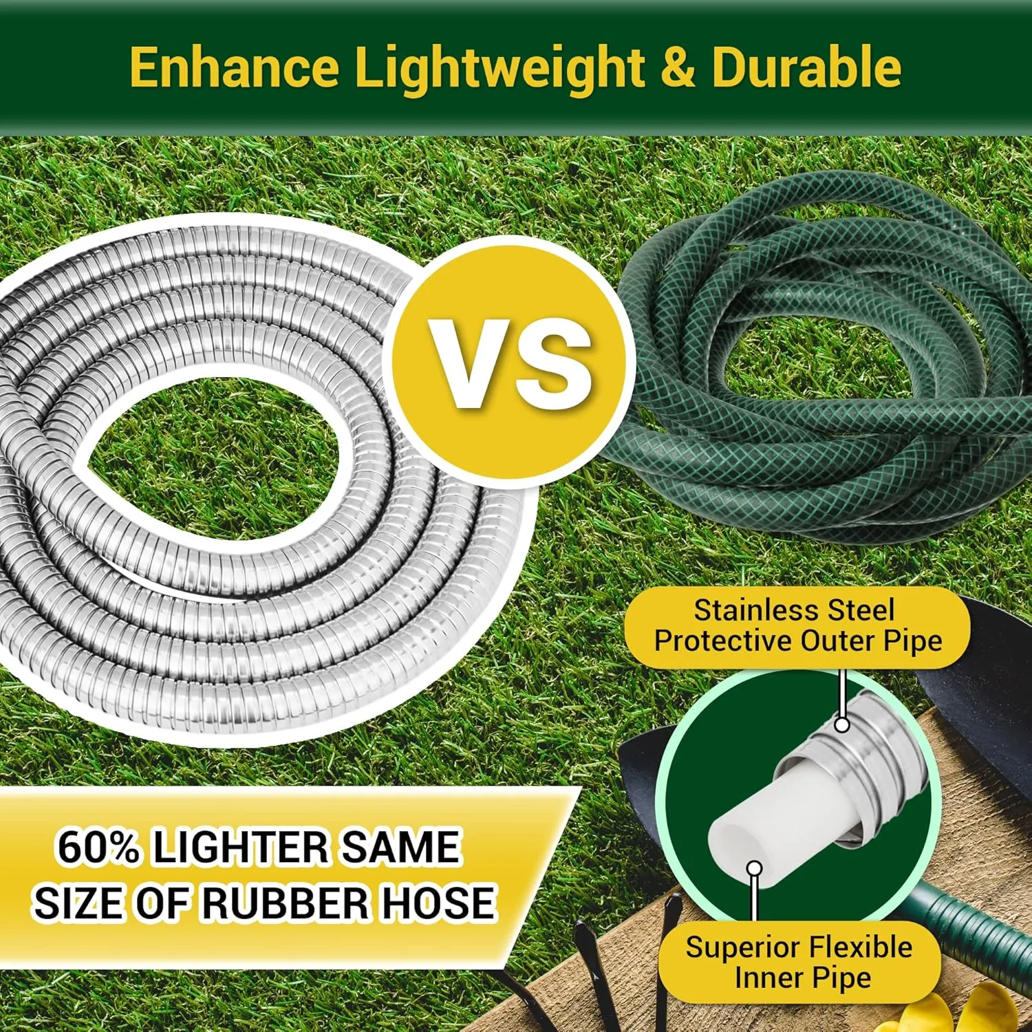 Garden Hose - Water Hose 50 FT with Swivel Handle & 8 Function Nozzle, Flexible, Heavy Duty, No Kink, Lightweight Metal Hose for Outdoor, Yard, 304 Stainless Steel