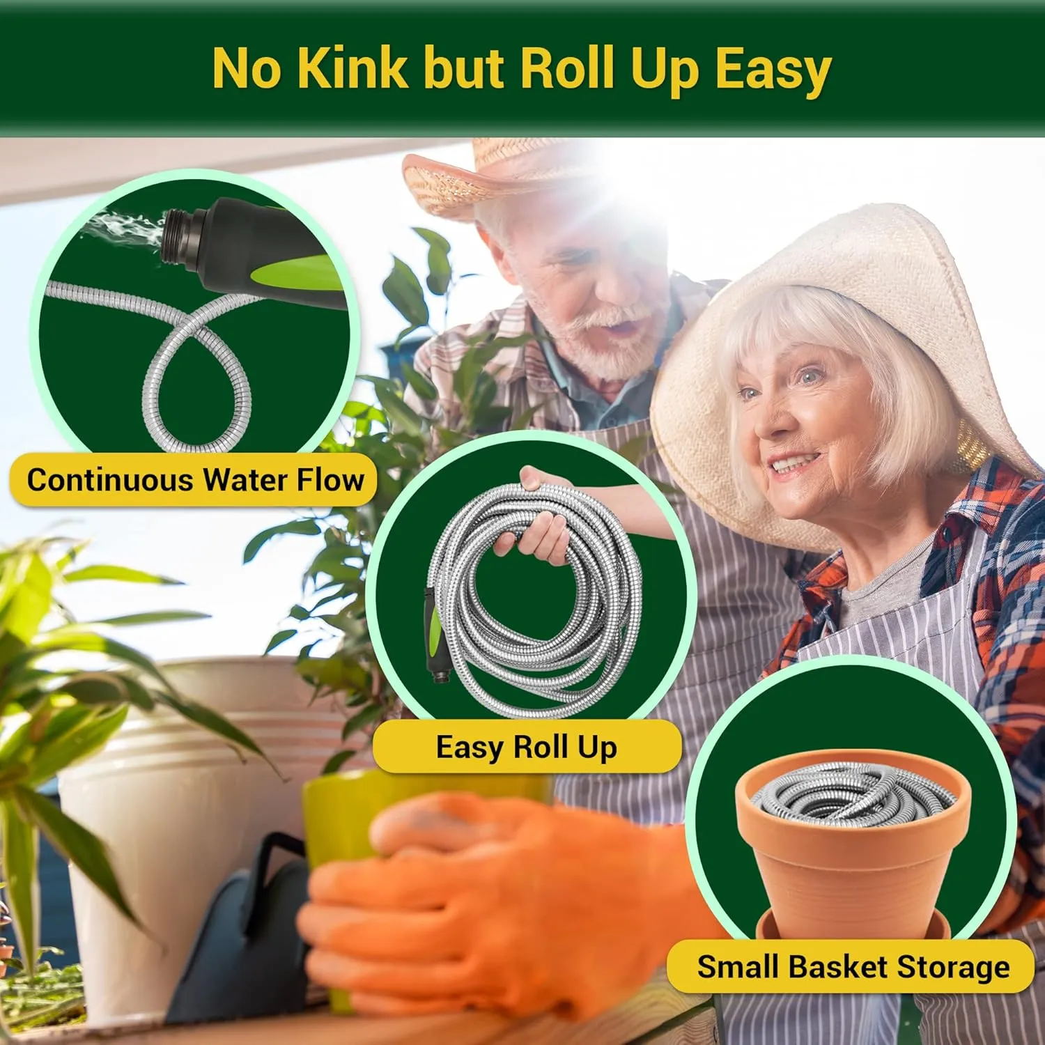 Garden Hose - Water Hose 50 FT with Swivel Handle & 8 Function Nozzle, Flexible, Heavy Duty, No Kink, Lightweight Metal Hose for Outdoor, Yard, 304 Stainless Steel