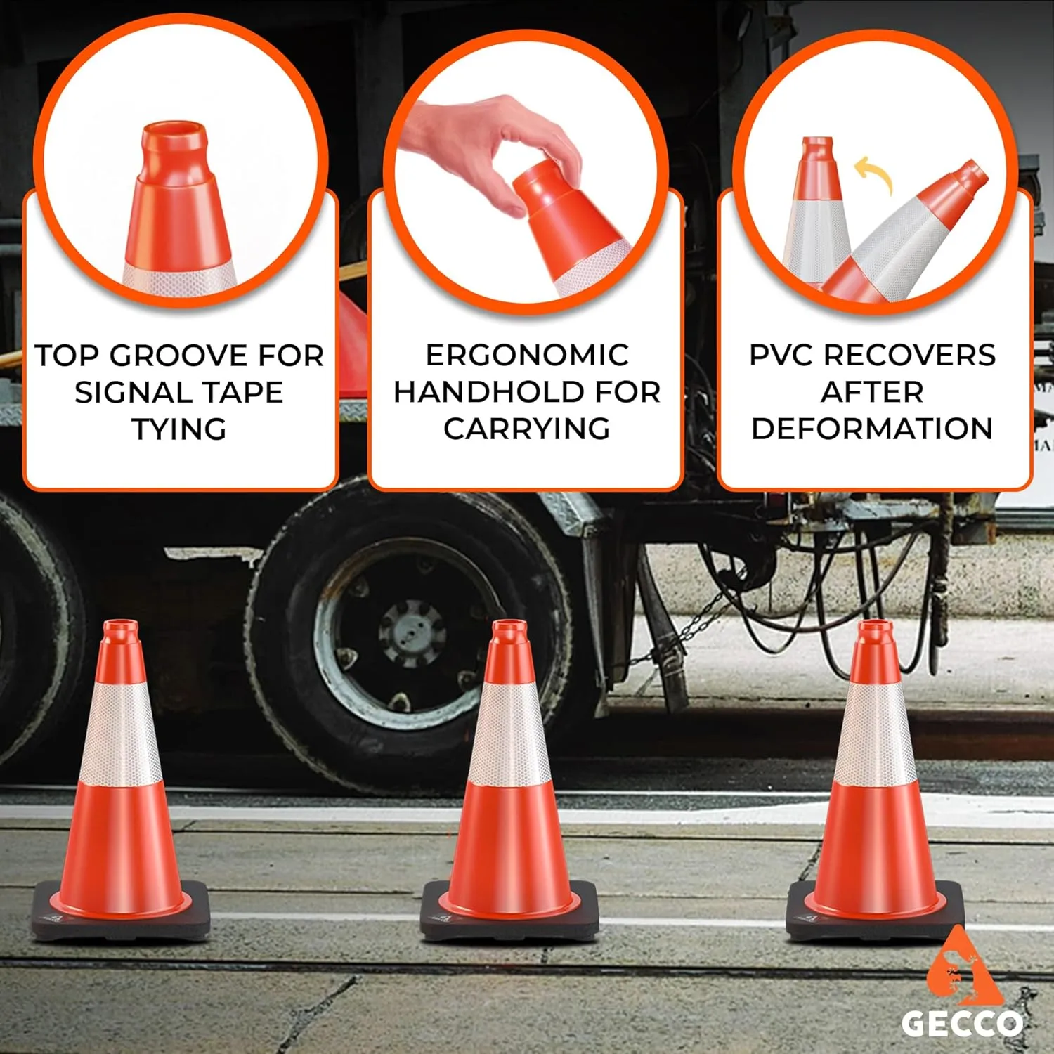 GECCO ™ (10 Pack) 18 Inch 3.3 Lb Small Orange Traffic Cones Set | Safety Cones, Orange Cones, Parking Cones, Construction Cones, Road Cones | PVC Plastic & Black Base - [PRO Series]