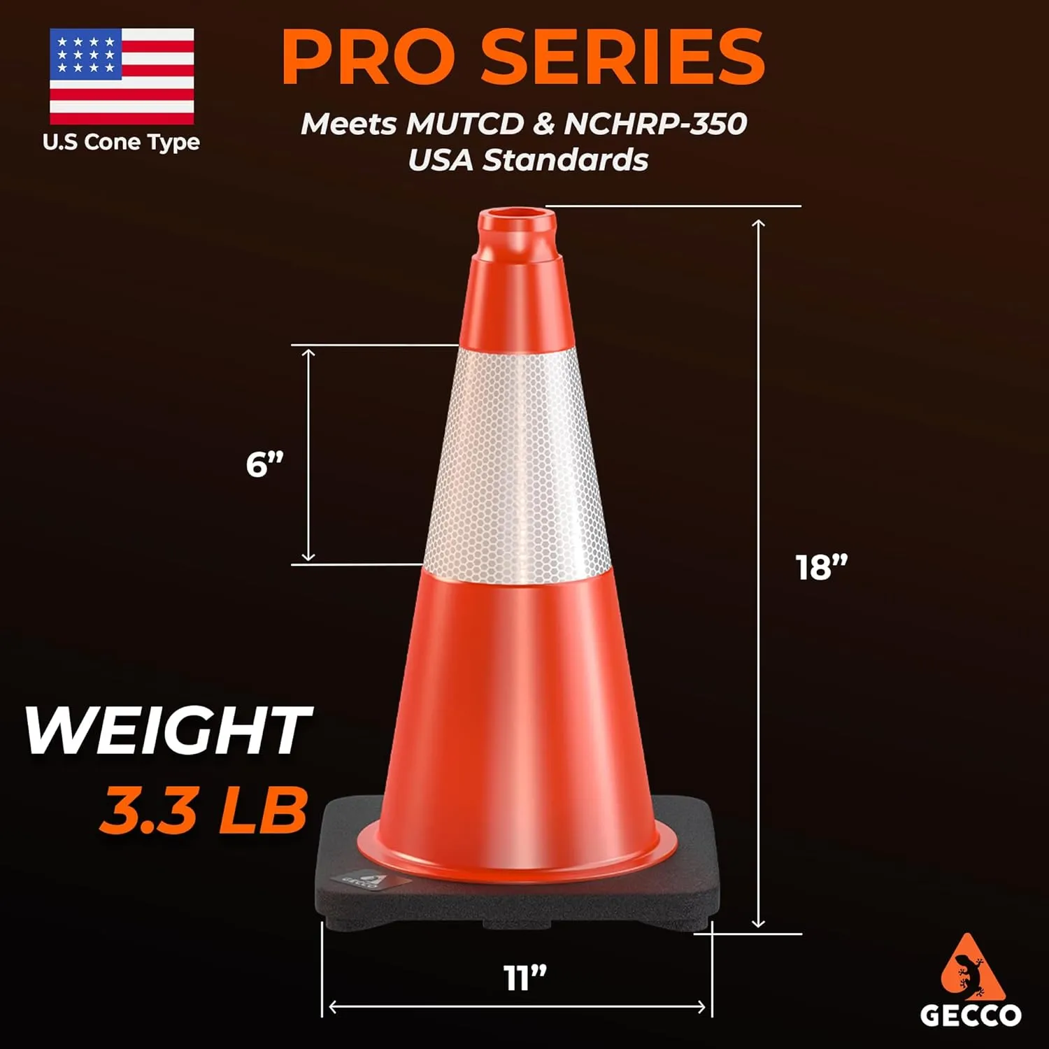 GECCO ™ (10 Pack) 18 Inch 3.3 Lb Small Orange Traffic Cones Set | Safety Cones, Orange Cones, Parking Cones, Construction Cones, Road Cones | PVC Plastic & Black Base - [PRO Series]