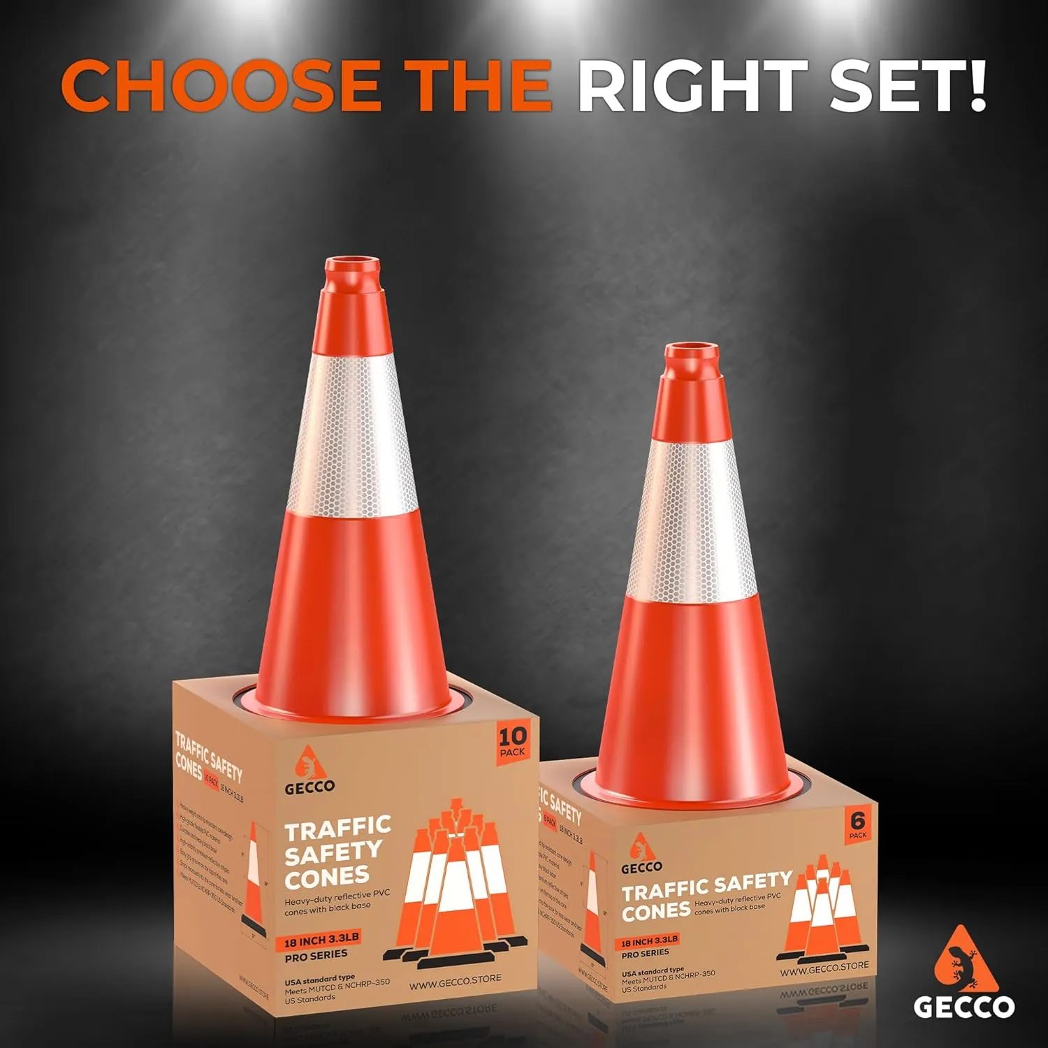 GECCO ™ (10 Pack) 18 Inch 3.3 Lb Small Orange Traffic Cones Set | Safety Cones, Orange Cones, Parking Cones, Construction Cones, Road Cones | PVC Plastic & Black Base - [PRO Series]