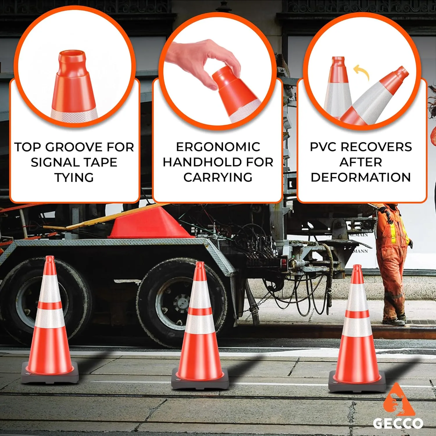 GECCO ™ (6 Pack) 28 Inch 7 Lb Heavy Duty Orange Traffic Cones Set | Durable Safety Cones, Orange Cones, Parking Cones, Construction Cones, Road Cones | PVC Plastic & Black Base - [PRO Series]