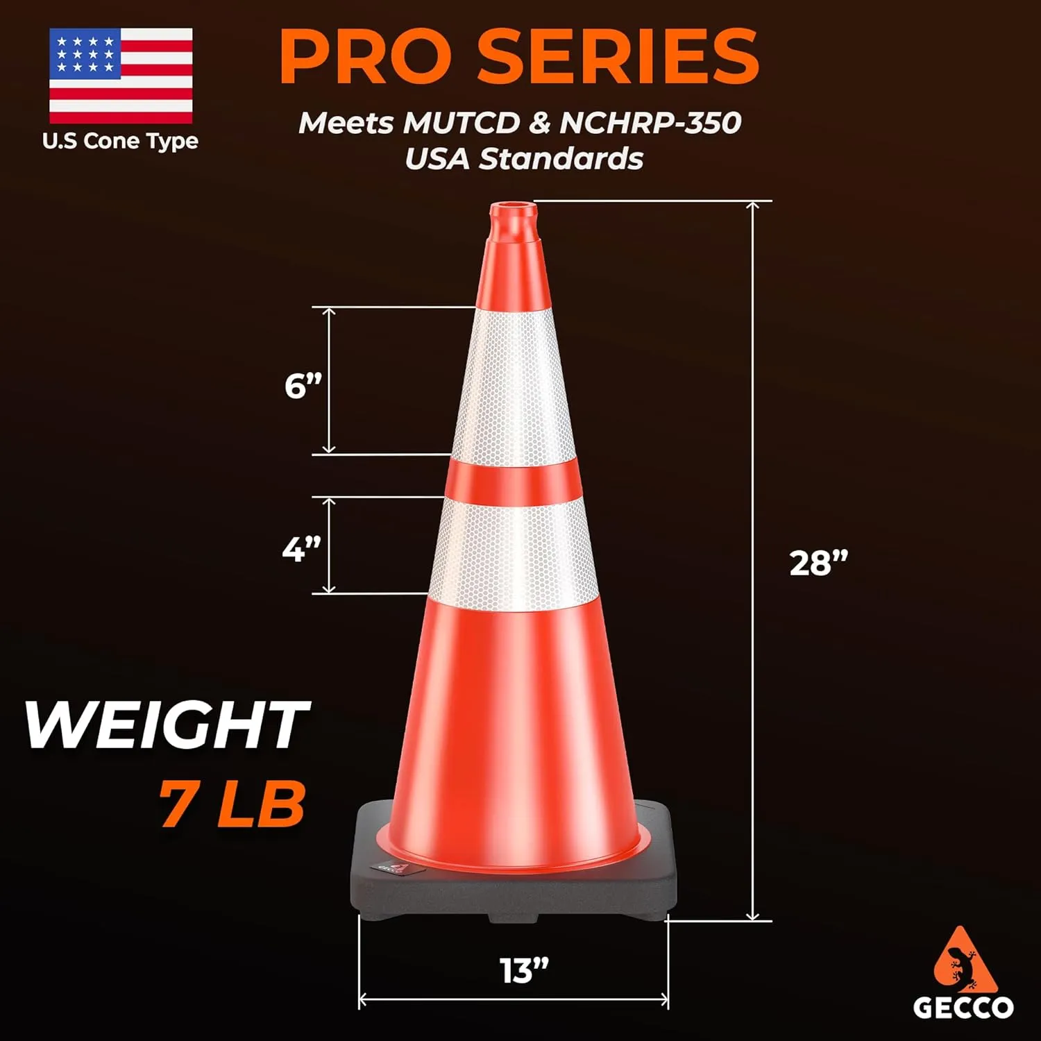 GECCO ™ (6 Pack) 28 Inch 7 Lb Heavy Duty Orange Traffic Cones Set | Durable Safety Cones, Orange Cones, Parking Cones, Construction Cones, Road Cones | PVC Plastic & Black Base - [PRO Series]