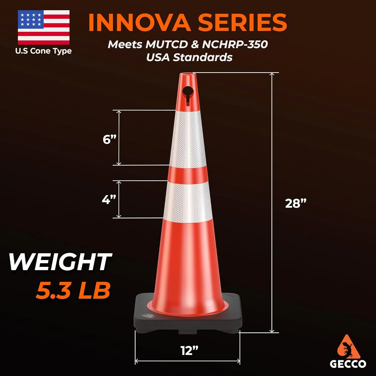 GECCO ™ (8 Pack) 28 Inch 5.3 Lb New Orange Traffic Cones with Chain Hole | Safety Cones, Orange Cones, Parking Cones, Construction Cones, Road Cones | PVC Plastic & Black Base - [INNOVA Series]