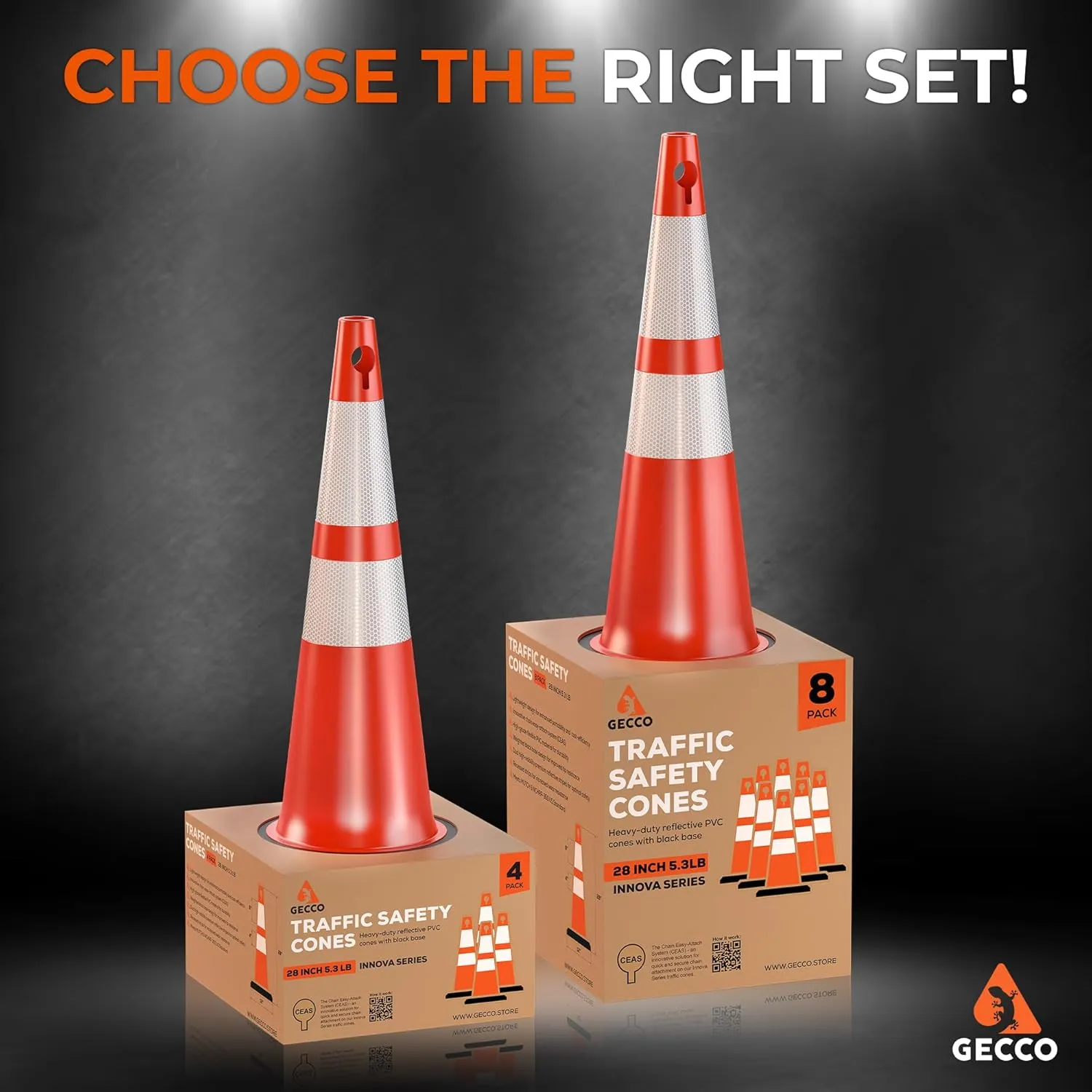GECCO ™ (8 Pack) 28 Inch 5.3 Lb New Orange Traffic Cones with Chain Hole | Safety Cones, Orange Cones, Parking Cones, Construction Cones, Road Cones | PVC Plastic & Black Base - [INNOVA Series]