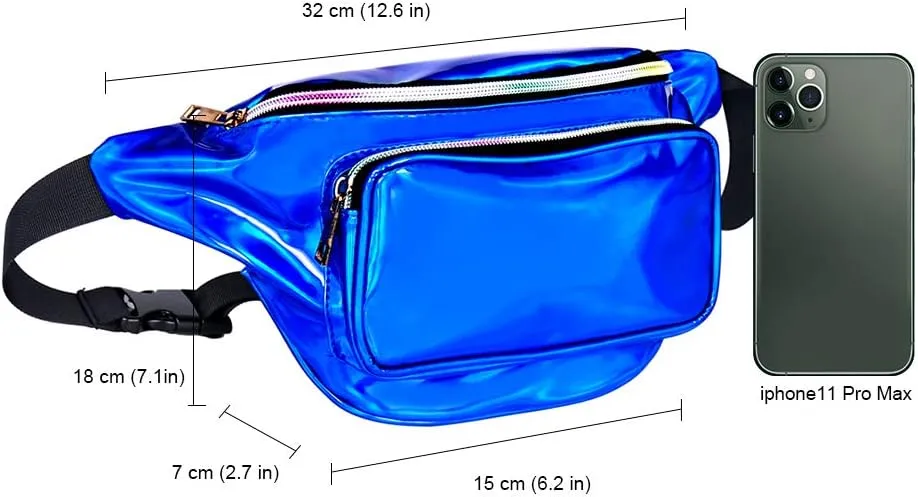 Geestock Fanny Packs for Women holographic Bags, Rave PVC Waterproof Reflective Belt Bag, Fashion Waist Bag with Adjustable Belt, Silver, Pink, Black Glitter Fanny Pack for Swimming Running