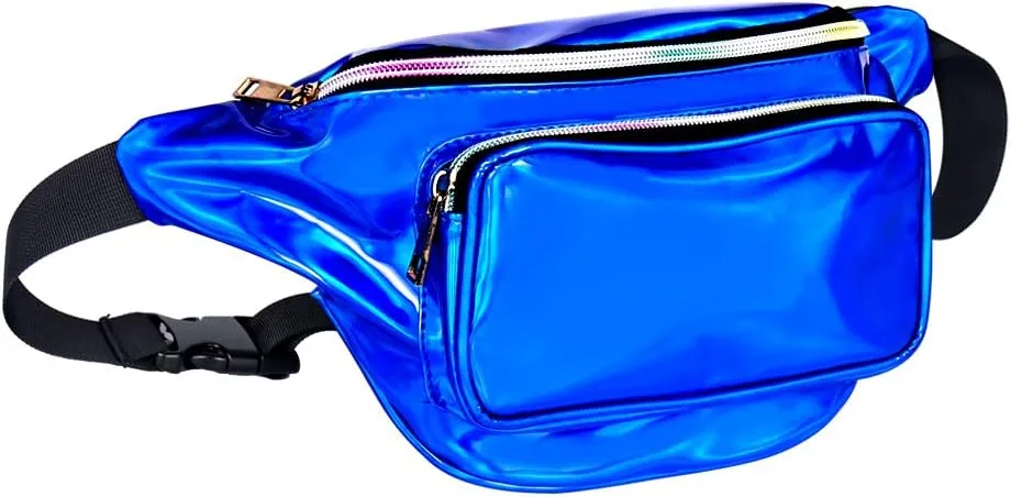 Geestock Fanny Packs for Women holographic Bags, Rave PVC Waterproof Reflective Belt Bag, Fashion Waist Bag with Adjustable Belt, Silver, Pink, Black Glitter Fanny Pack for Swimming Running
