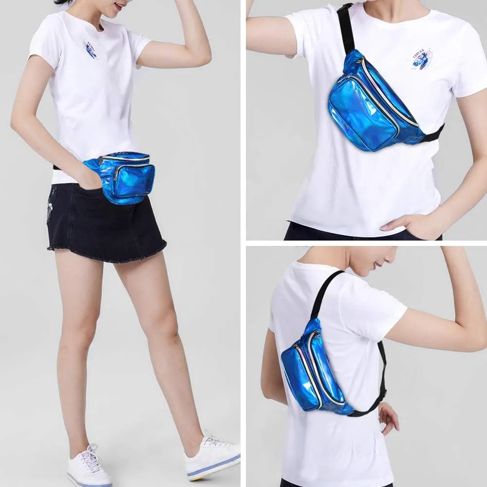 Geestock Fanny Packs for Women holographic Bags, Rave PVC Waterproof Reflective Belt Bag, Fashion Waist Bag with Adjustable Belt, Silver, Pink, Black Glitter Fanny Pack for Swimming Running