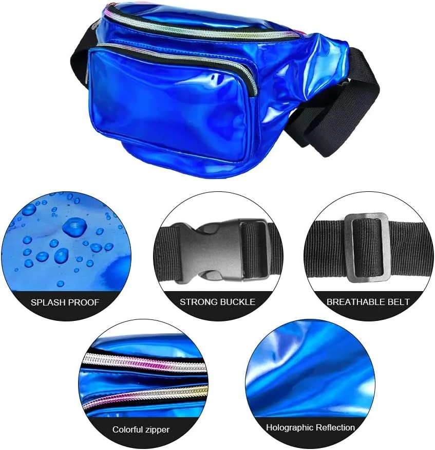 Geestock Fanny Packs for Women holographic Bags, Rave PVC Waterproof Reflective Belt Bag, Fashion Waist Bag with Adjustable Belt, Silver, Pink, Black Glitter Fanny Pack for Swimming Running
