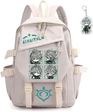 Genshin Impact Backpack Women Men Unisex Scaramouche Rucksack Hu Tao Xiao Bag Kawaii Backpack, Free Keychain (White-Alhaitham)
