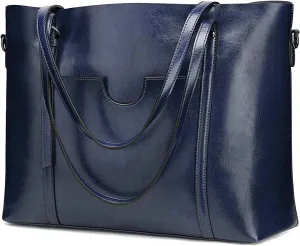 Genuine Leather Tote Bag for Women – Large Capacity Work Bag with Zipper, Adjustable Top Handles, Fits 14-Inch Laptop
