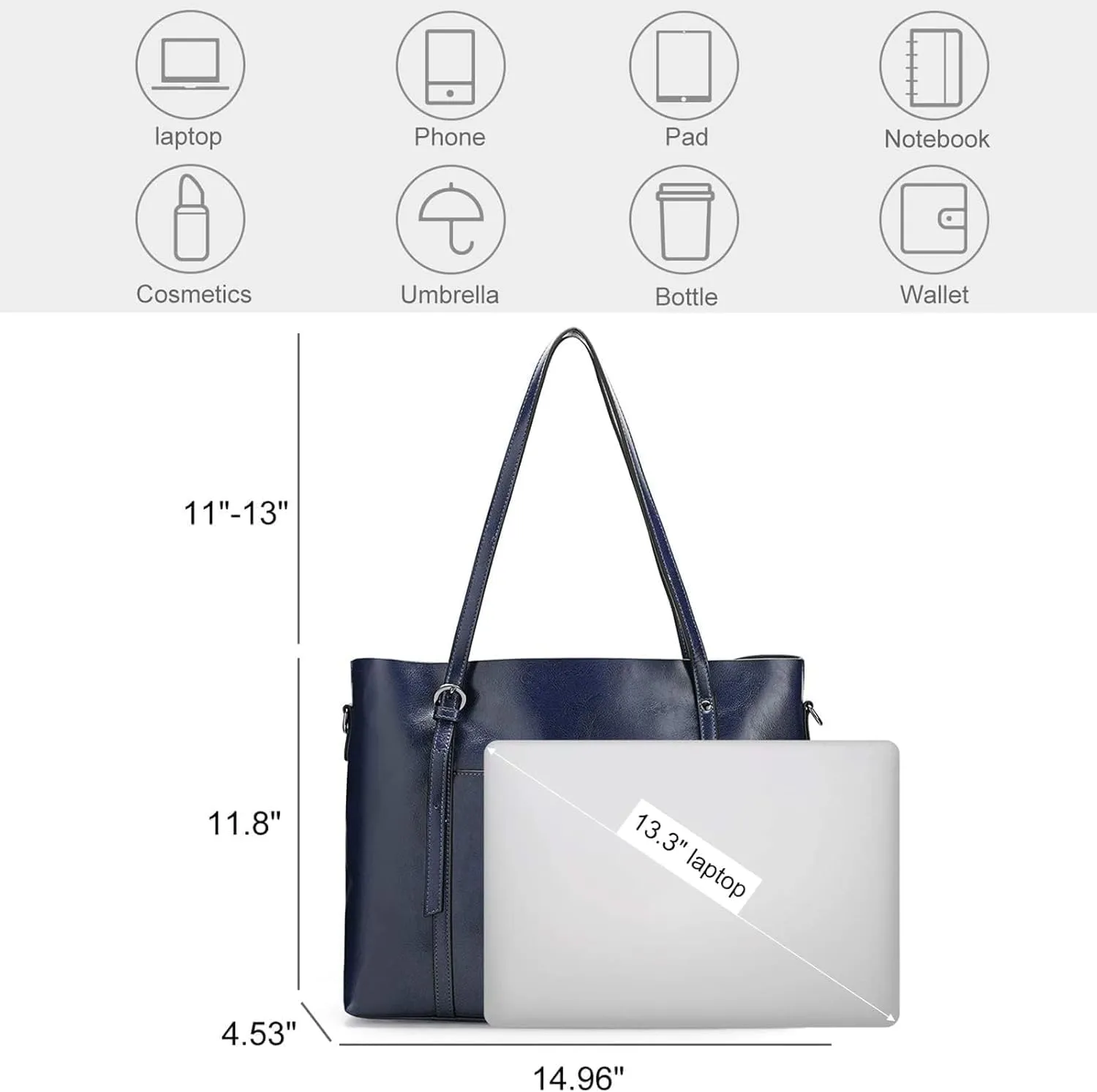 Genuine Leather Tote Bag for Women – Large Capacity Work Bag with Zipper, Adjustable Top Handles, Fits 14-Inch Laptop