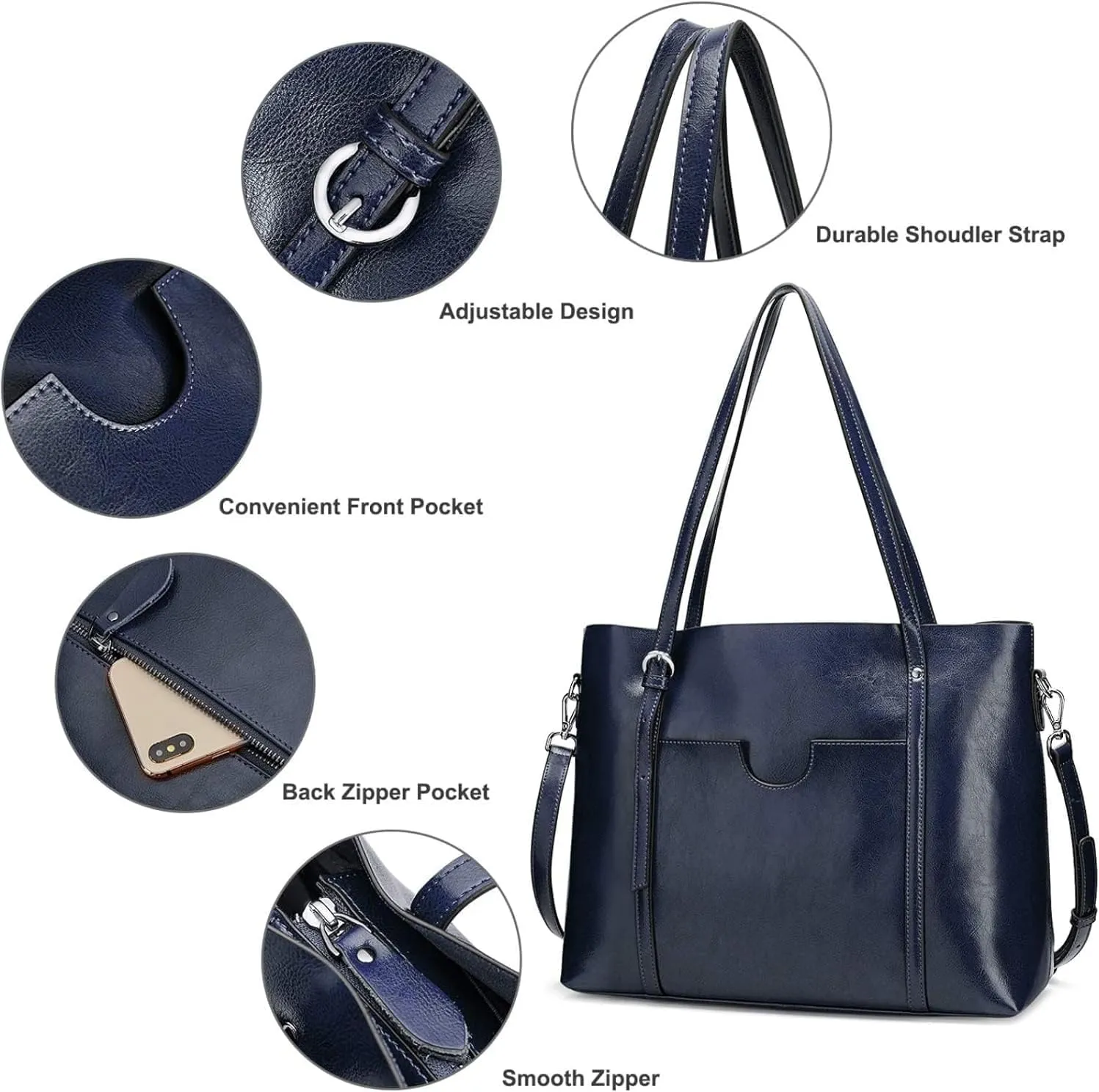 Genuine Leather Tote Bag for Women – Large Capacity Work Bag with Zipper, Adjustable Top Handles, Fits 14-Inch Laptop