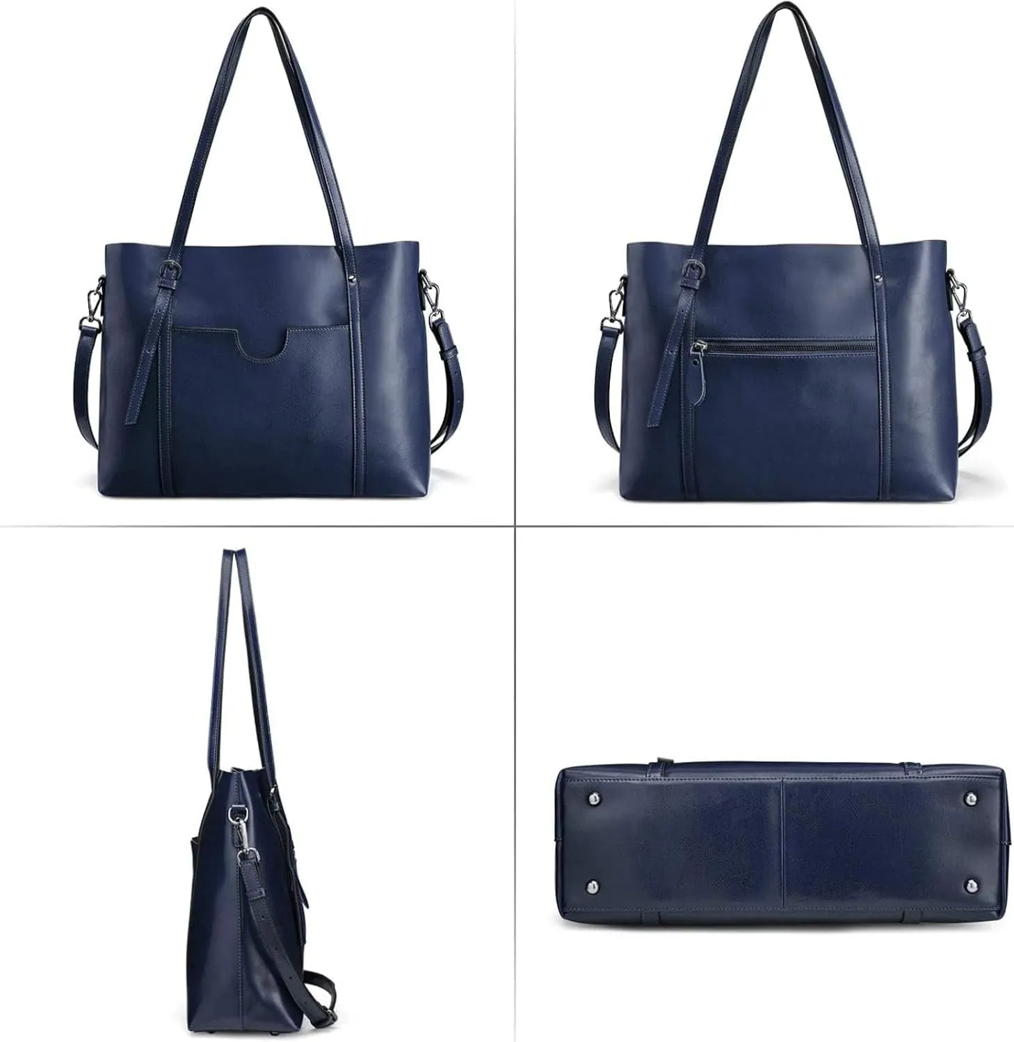 Genuine Leather Tote Bag for Women – Large Capacity Work Bag with Zipper, Adjustable Top Handles, Fits 14-Inch Laptop